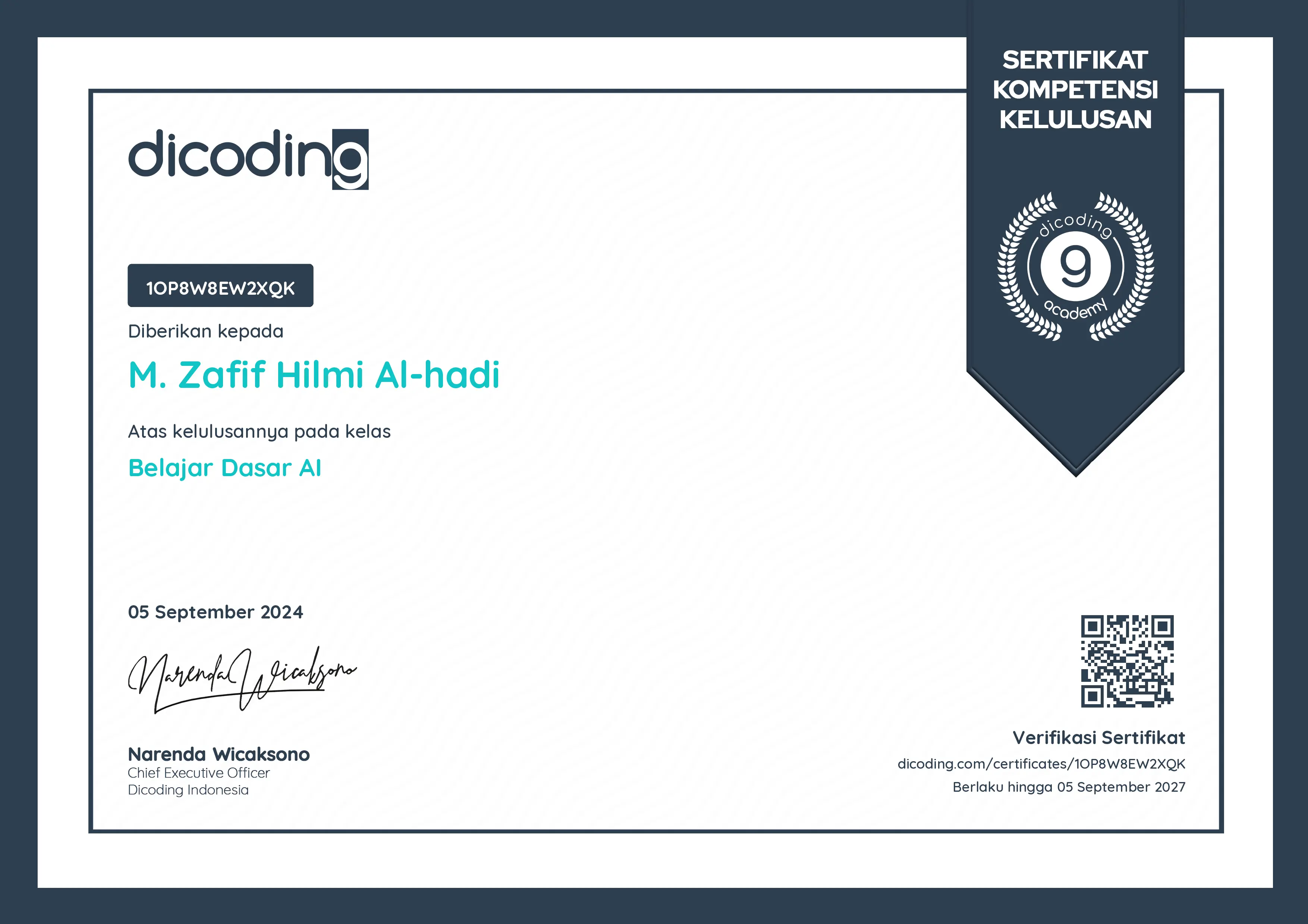 Belajar Dasar Kecerdasan Buatan (AI) certificate