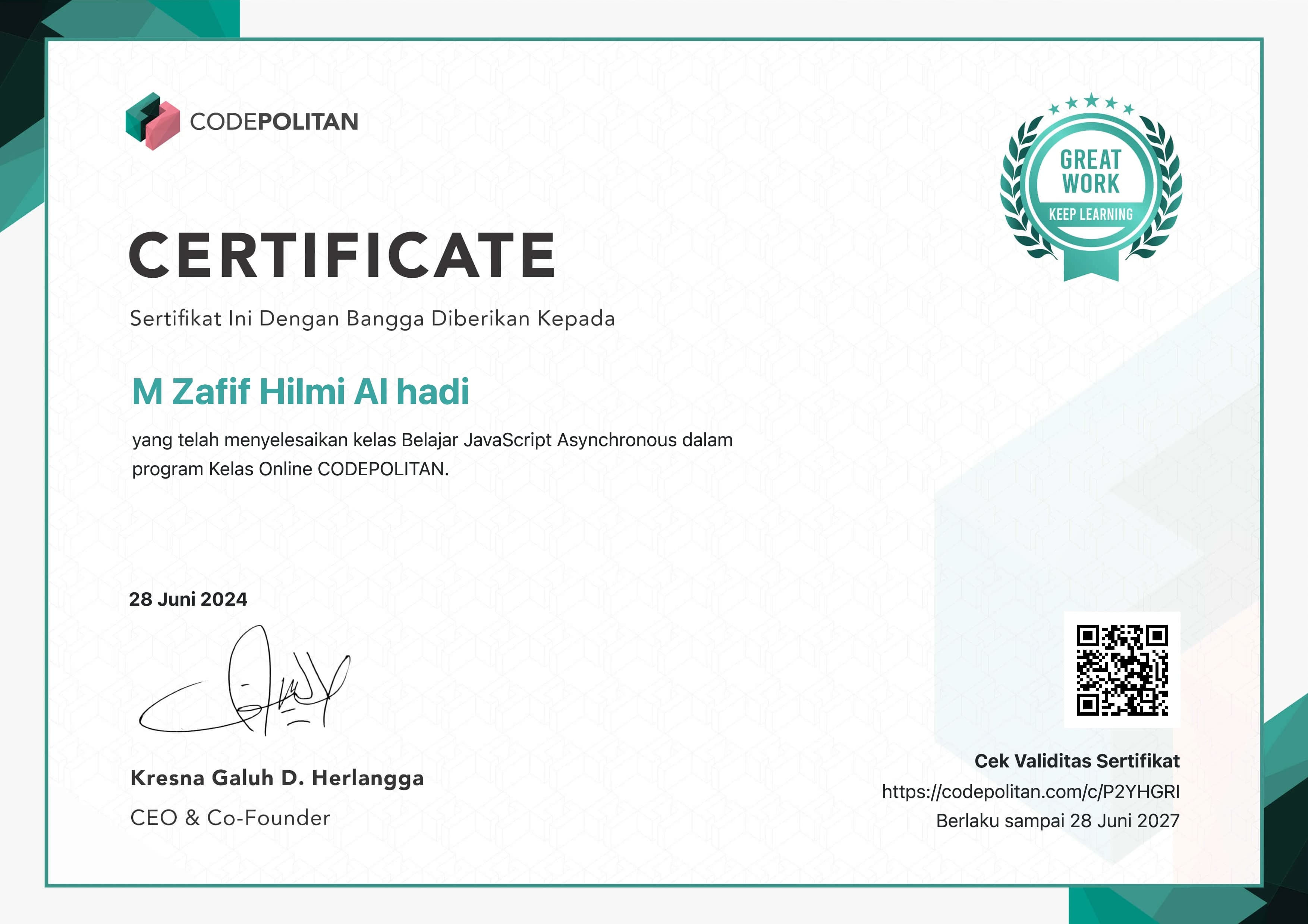Kelas Belajar JavaScript Asynchronous certificate