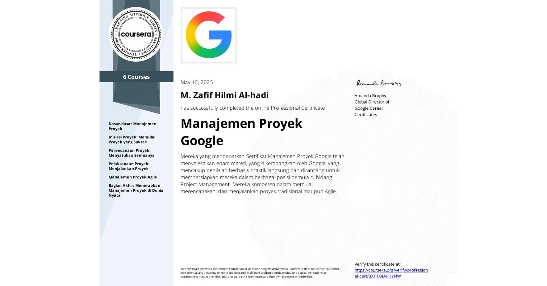 Manajemen Proyek Google Specialization certificate