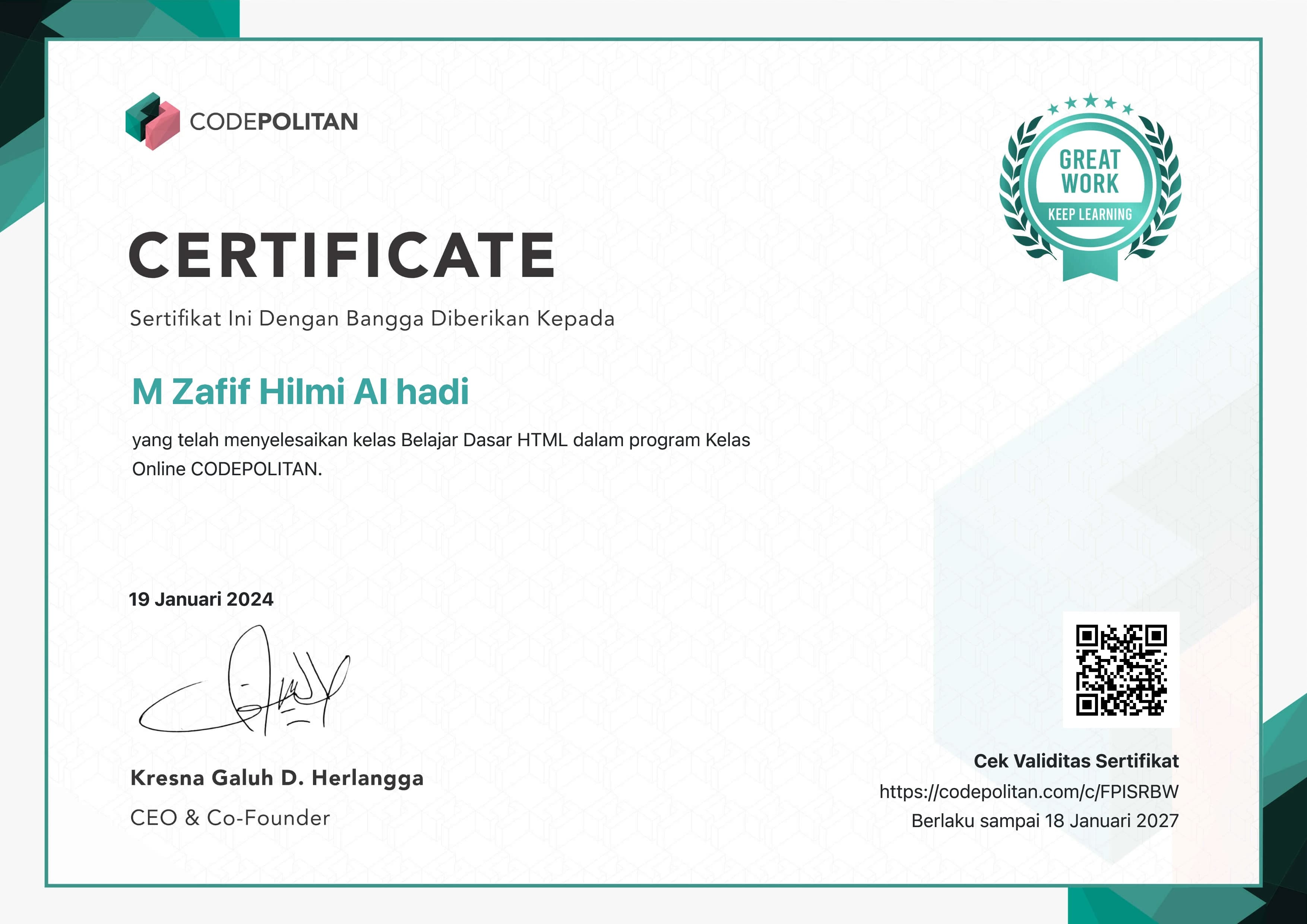 Kelas Belajar Dasar HTML certificate