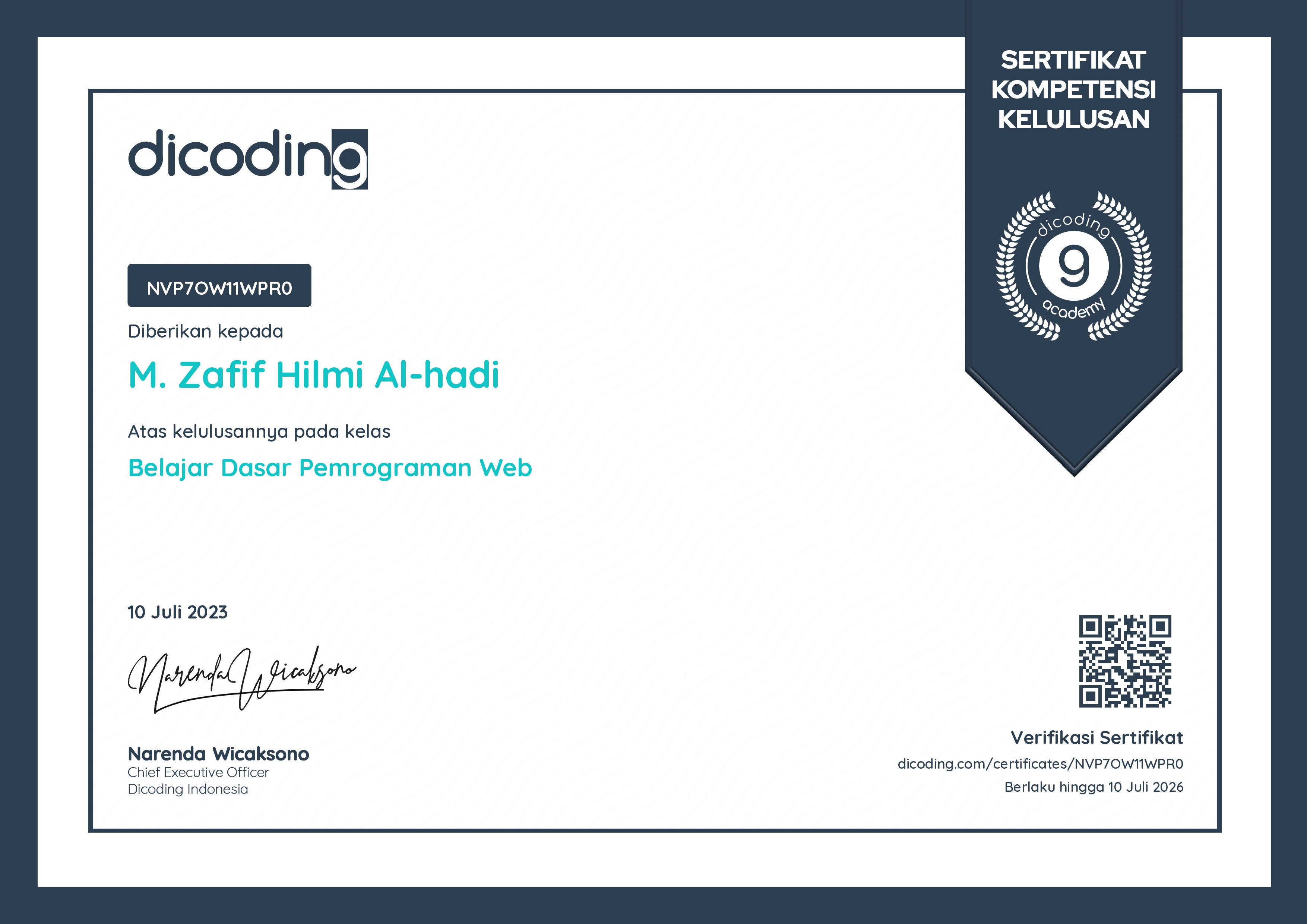 Belajar Dasar Pemrograman Web certificate
